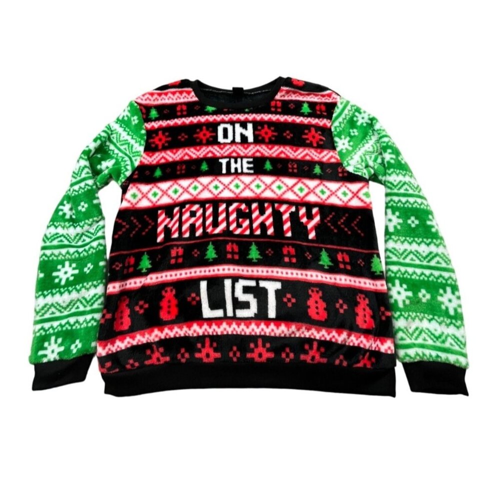 Christmas Sweater Womens Small On The Naughty List Snowflake Snowman Plush Ugly